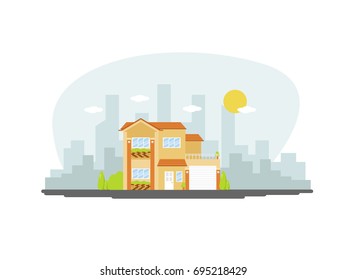 Vector flat orange house with city background,modern home concept.