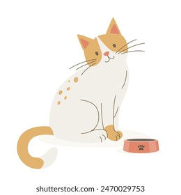 Vector Flat Orange and White Cat with Pets Bowl. White and Ginger Cartoon Cat Icon Isolated. Cute and Funny Cat in Front View