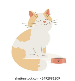Vector Flat Orange and White Cat with Pets Bowl. White and Ginger Cartoon Cat Icon Isolated. Cute and Funny Cat in Front View