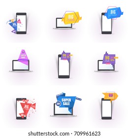 Vector Flat Origami Big Sale Pop-up Banner, Laptop and Smart Phone Illustration, Ad Web Template Set