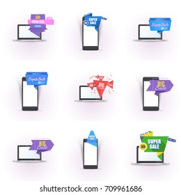 Vector Flat Origami Big Sale Pop-up Banner, Laptop and Smart Phone Illustration, Ad Web Template Set