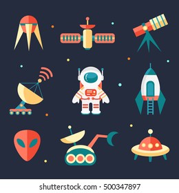 Vector flat outer space elements. Icon set. Astronaut, shuttle, alien, rocket, ufo, radar, telescope, satellite. Cosmos exploration