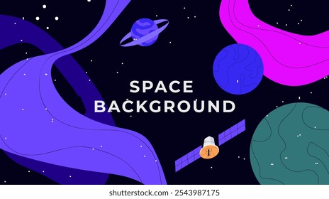 Vector plano ilustración del espacio exterior. Colorido cosmos estrellado. Universo oscuro con constelación de centelleo. Fondo de Cosmos para niños. Vista de fantasía futurista