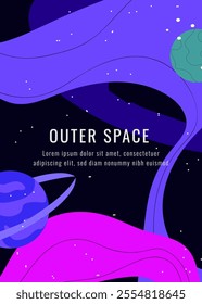 Vector flat outer space illustration. Colorful starry cosmos. Dark universe with twinkle constellation. Cosmos background for kids. Futuristic fantasy view. Invitation, flyer, banner, brochure