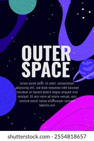 Vector flat outer space illustration. Colorful starry cosmos. Dark universe with twinkle constellation. Cosmos background for kids. Futuristic fantasy view. Invitation, flyer, banner, brochure