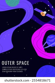 Vector flat outer space illustration. Colorful starry cosmos. Dark universe with twinkle constellation. Cosmos background for kids. Futuristic fantasy view. Invitation, flyer, banner, brochure