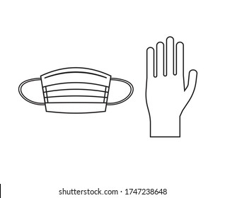 Vector flat outline face medical mask and hand glove isolated on white background