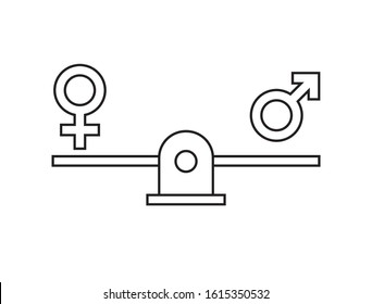 Vector flat outline gender equality concept. Man and woman symbols balancing on scales isolated on white background