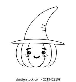 Vector flat outline Halloween pumpkin with face and witch hat isolated on white background