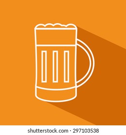 Vector flat outline icon of pint of beer on the orange background with shadow