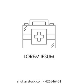 Vector flat outline illustration with isolated medicine chest. First aid vector box. Emergency lifeguard medicine equipment. Ambulance medicine chest. Vector logo or emblem medication design