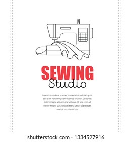 Vector flat outline illustration of modern electronic sewing machine with a piece of fabric with soft folds. Logo for sewing studio, atelier, tailor, seamstress, tissure shop.
