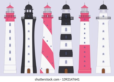 vector flat outline Lighthouse, light house, beacon set