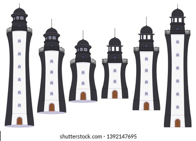 vector flat outline Lighthouse, light house, beacon set