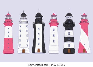 vector flat outline Lighthouse, light house, beacon set