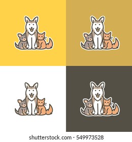 Vector flat outline logo template with cat and dog - friendly cats and dogs