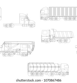Vector flat outline seamless pattern with different trucks