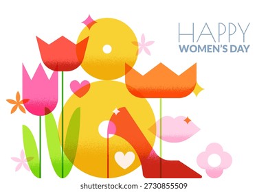 Vector flat overlay illustration with spring blossom tulip flowers, heels and number eight. Design for Womens Day March 8 invitation or greeting card, banner, poster