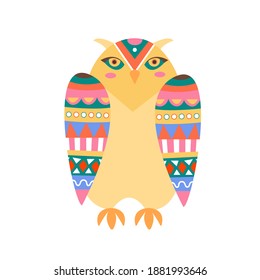 Vector Flat Owl in Ethnic Indian Style. Cute Baby Bird with Ornament Wings for Greeting Cards, Design, Graphics, Web. Aztec Illustration. Isolated on White Background.