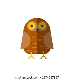 Vector flat owl icon. Vector owl illustration, flat style. Brown forest bird - cartoon flat modern illustration, icon of owl with big yellow eyes and brown wings isolated on white. Simple forms