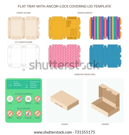 Vector flat packaging tray with anchor lock lid templates set