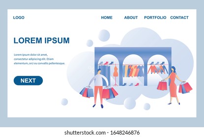 Vector Flat Page Template Design for Clothing Store. Man and Woman, Shoppers with Colored Paper Bags, in Trendy Shop with Fitting Room, Dummy, Apparel and Shoes. Copy Space for Your Text.