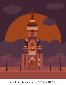 Vector flat palace in the desert in orange and purple
