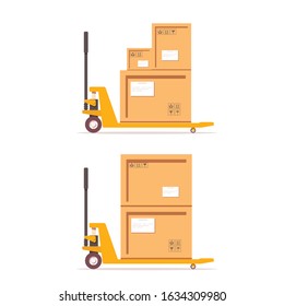 Vector flat pallet jack with cargo box. Storage equipment icon. Isolated white background.