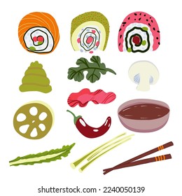 Vector flat panasian food set. Japanese sushi, wasabi, soy sauce, pickled ginger, champignon, cilantro, lemongrass, lotus root.