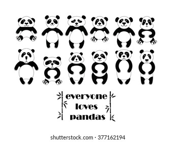Vector flat pandas set. Cartoon panda made in vector, easy recolor. Vector adorable animals. Cute vector panda bear. Isolated panda bear. Adorable panda baby.