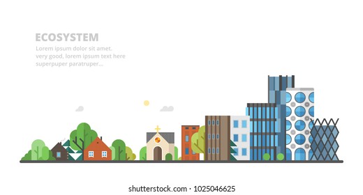 vector flat panorama - hunting lodge, village, old district and modern city,