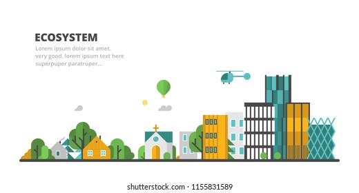 Vector flat panorama - hunting lodge, village, old district and modern city. Urban landscape.