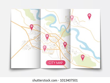 Vector Flat Paper City Map Lying Open, Top View, Flat Style, Brochure Template