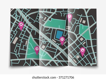 Vector flat paper city map lying open, top view