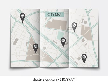 Vector Flat Paper City Map Lying Open, Top View, Flat Style, Brochure Template