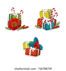 vector flat paper shopping bag with christmas tree image, square box presents with ribbon bow, mistletoe leaves and berry and christmas lollipop and candy. Isolated illustration on a white background.