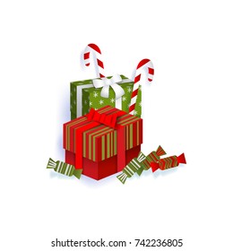 vector flat paper square box presents gitfs with ribbon bow, christmas lollipops and candies. Isolated illustration on a white background. Winter holiday symbols concept