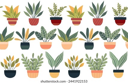 Vector patrón plano con plantas de la casa en varias ollas sobre un fondo blanco. El invernadero de pasatiempos. Textura con ilustración de la vegetación en macetas para envolver papel, papel pintado. 