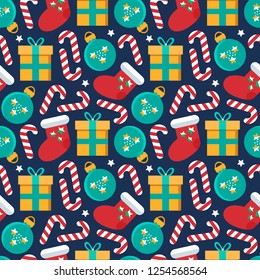 Vector flat pattern with New Year assorted gifts, balls, chocolates and socks.