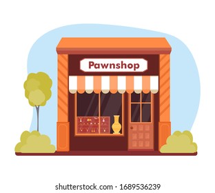 Vector flat pawnshop design. Small jewelry store or pawnshop building urban landscape or background. Jewelry industry, service and repair, gemstone shop concept for website, mobile app and game
