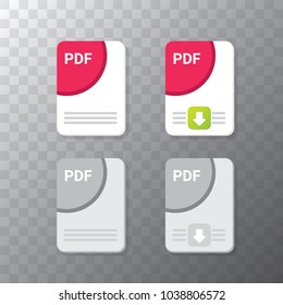 vector flat PDF file icon and vector pdf download icon set isolated on transparent background. Vector document or presentation icon design template for web site or mobile app