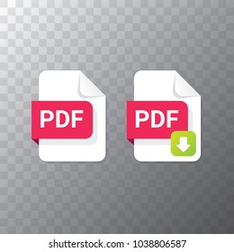 vector flat PDF file icon and vector pdf download icon set isolated on transparent background. Vector document or presentation icon design template for web site or mobile app