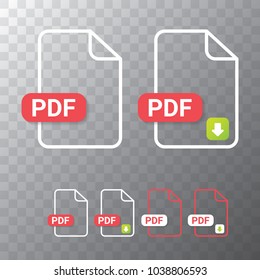 vector flat PDF file icon and vector pdf download icon set isolated on transparent background. Vector document or presentation icon design template for web site or mobile app