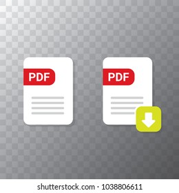 vector flat PDF file icon and vector pdf download icon set isolated on transparent background. Vector document or presentation icon design template for web site or mobile app