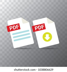 vector flat PDF file icon and vector pdf download icon set isolated on transparent background. Vector document or presentation icon design template for web site or mobile app