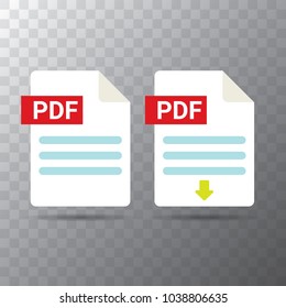 vector flat PDF file icon and vector pdf download icon set isolated on transparent background. Vector document or presentation icon design template for web site or mobile app
