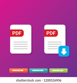 vector flat PDF file icon and vector pdf download icon set isolated on violet background. Vector document or presentation icon design template for web site or mobile app