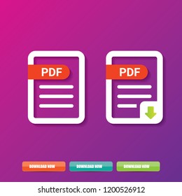 vector flat PDF file icon and vector pdf download icon set isolated on violet background. Vector document or presentation icon design template for web site or mobile app