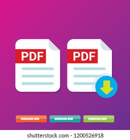 vector flat PDF file icon and vector pdf download icon set isolated on violet background. Vector document or presentation icon design template for web site or mobile app