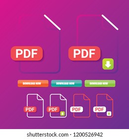 vector flat PDF file icon and vector pdf download icon set isolated on violet background. Vector document or presentation icon design template for web site or mobile app